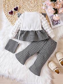 Baby Girl Houndstooth Print Ruffle Trim Bow Front Peplum Top & Pants & Bag - Multicolor - View 2