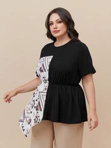 Mulvari Hơn In Địa lý Viền không đối xứng Áo thun - màu đen - Xem 3