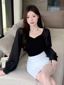 DAZY 纯色甜心领口灯笼袖短款上衣，秋季服装长袖女式上衣 - 黑色 - 查看 1