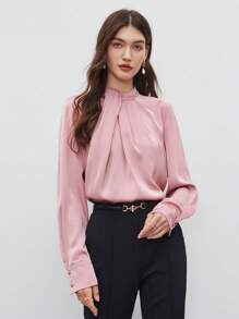 BizChic 女士纯色缎面褶皱长袖衬衫，商务休闲优雅女士正装衬衫，适合办公室穿着 - 粉色 - 查看 6