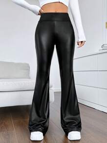 SHEIN EZwear 高腰PU皮革喇叭褲 - 黑色 - 查看 3