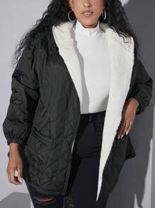 SHEIN CURVE+ Dual Pocket Drop Shoulder Hooded Teddy Lined Quilted Coat Flannels Curve Plus - Black - View 7