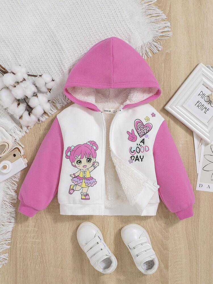 Baby Girl Figure & Letter Graphic Zip Up Thermal Sweatshirt