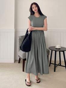 DAZY Solid Cap Sleeve A-line Dress - Grey - View 4
