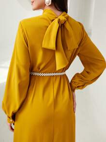 Modelyn Mock Neck Lantern Sleeve Dress Without Belt - Mustard Yellow - View 5