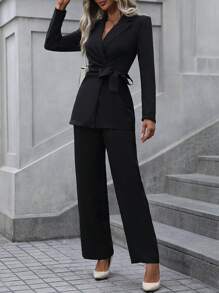 SHEIN Clasi Solid Knot Side Blazer & Pants Fall Cloth For Women - Black - View 6
