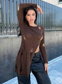 SHEIN SXY Rách Viền chia cắt Áo len - Màu nâu Sô-cô-la - Xem 4