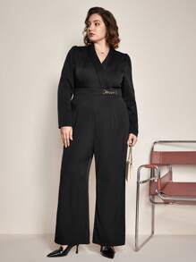 BizChic Plus Shawl Collar Chain Detail Jumpsuit - Black - View 1