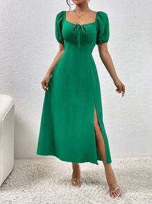 Chiquease Tie Front Split Thigh Puff Sleeve Dress Maxi Women Outfit - Green - View 6