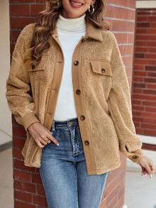 SHEIN LUNE Flap Detail Drop Shoulder Teddy Coat - Camel - View 6
