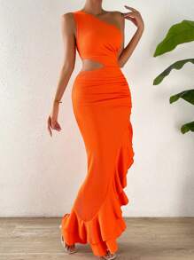 Rafferiza One Shoulder Cut Out Waist Ruffle Trim Ruched Dress Maxi Women Outfit - Orange - View 1