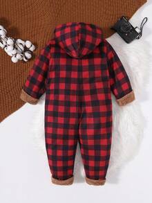 SHEIN 年轻男孩休闲宽松红黑格子印花泰迪熊内衬连帽连体裤，秋冬季