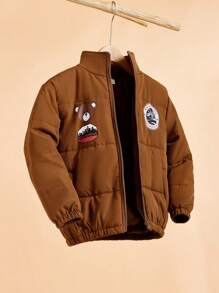 SHEIN Tween Boy Cartoon Graphic Padded Coat - Brown - View 1