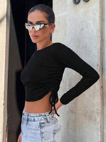 RueChic Drawstring Side Crop Tee - Black - View 3