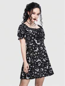 ROMWE Goth Galaxy Print Tie Front Puff Sleeve Dress - Black and White - View 4