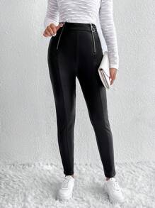 SHEIN Essnce Zip Fly O-ring Detail Skinny Pants - Black - View 6