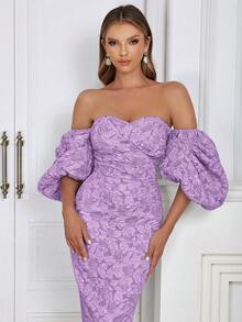 一字肩泡泡袖後背開衩花卉圖案提花洋裝 - 紫色 - 查看 8