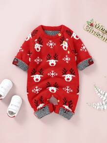 女嬰聖誕圖案毛衣連身衣 - 紅色 - 查看 1