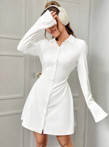 SHEIN Qutie 素色前紐扣襯衫洋裝 - 白色 - 查看 3
