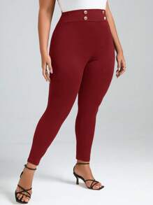 SHEIN Clasi 大碼高腰紐扣細節緊身打底褲 - 酒紅色 - 查看 5