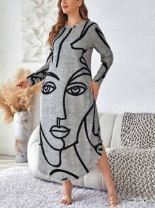 SHEIN LUNE 大碼人像圖案隱藏口袋弧形下擺T恤洋裝 - 淺灰色 - 查看 4