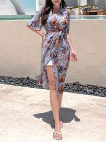 DAZY Tropical Print Open Front Kimono Summer,Beach Women Outfits