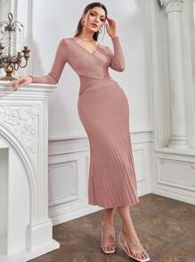 Modelyn Solid Wrap Cross Sweater & Mermaid Hem Knit Skirt - Dusty Pink - View 1