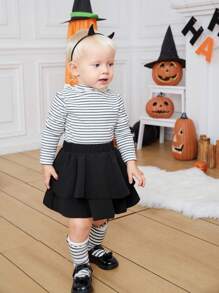 SHEIN 女嬰條紋印花荷葉邊T恤 - 黑與白 - 查看 6