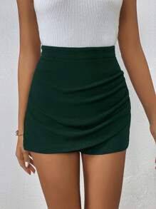 SHEIN Frenchy 素色褶邊圍裹下擺裙裤 - 墨綠色 - 查看 1