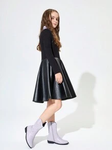 女孩刺繡細節拉鍊側面英倫風靴子牛仔靴，適用於戶外 - 紫色 - 查看 2