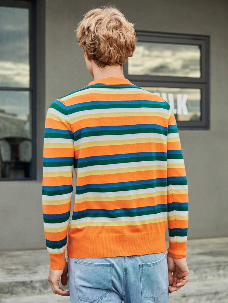 Men Block Striped Pattern Polo Neck Sweater, For Fall Winter