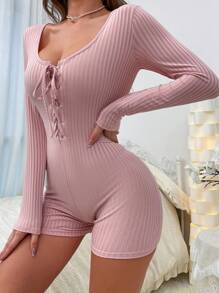 Mono unitard con cordón delantero tejido de canalé homewear