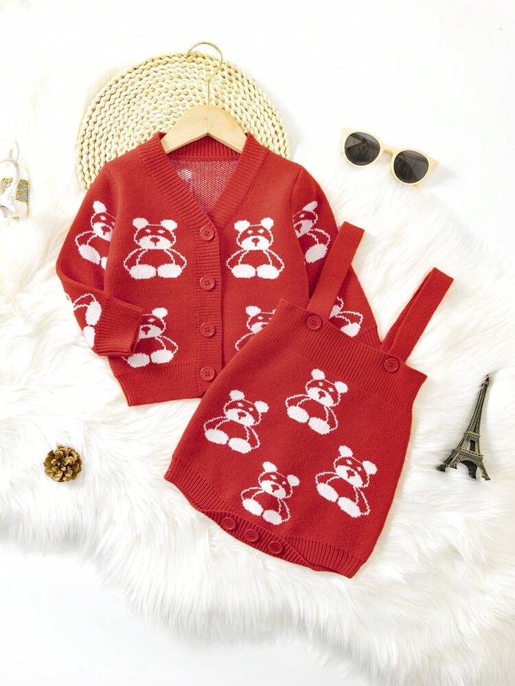 Baby Girl Bear Pattern Cardigan & Cami Knit Bodysuit