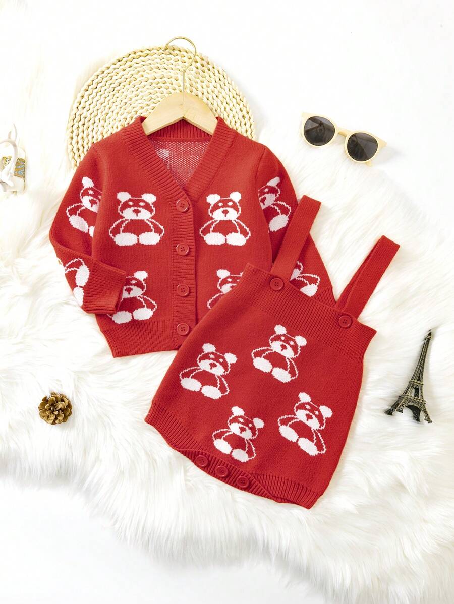 女嬰熊圖案開襟衫&吊帶針織連身背心 - 橘色 - 查看 1