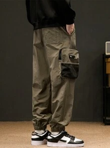 Men Flap Pocket Side Drawstring Waist Cargo Pants - Army Green - View 2