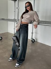 DAZY 纯色阔腿牛仔裤、宽松牛仔裤 - 深色水洗藍 - 查看 4