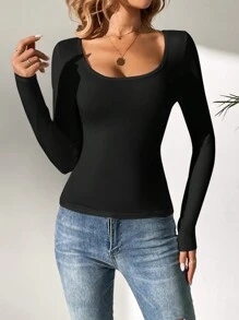 SHEIN Tall Solid Scoop Neck Tee, Tall Women - Black - View 6