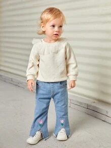 女嬰鬱金香刺繡毛邊牛仔喇叭褲 - 淺色水洗藍 - 查看 5