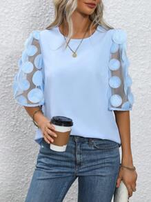 SHEIN Clasi 拼接網紗袖襯衫 - 藍色 - 查看 3
