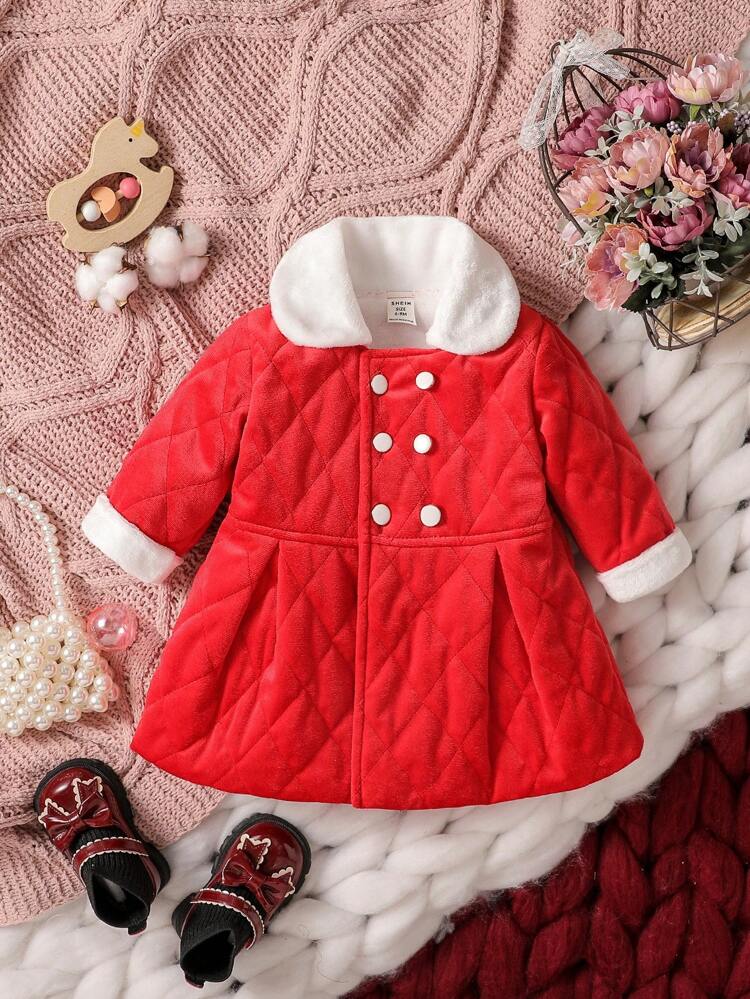 Baby Girl Double Breasted Borg Collar Fold Pleated Detail Coat