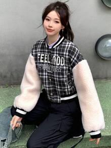 DAZY Đồ họa Chữ cái Kẻ sọc Tartan Thả vai Quá lớn Áo khoác bomber - Nhiều màu - Xem 5