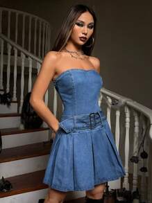 SHEIN ICON Halloween Solid Belted Denim Tube Dress - Medium Wash - View 7