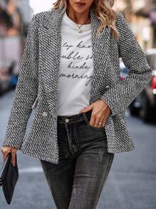 SHEIN LUNE Solid Double Breasted Blazer - Black and White - View 3