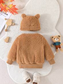 Bebé niño Cazadora teddy con con diseño de oreja 3D Sombrero - Marrón - Ver 2