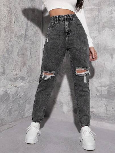 SHEIN ICON Jeans mom desgarro de talle alto