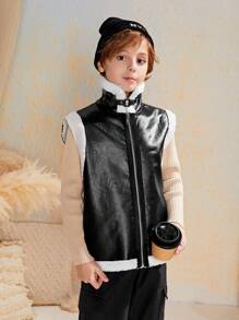 SHEIN Tween Boy Slim-Fit Sports Stand Collar Furry Pu Composite Jacket - Black - View 4