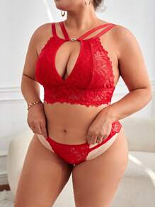 Plus Floral Lace Cut-out Lingerie Set - Red - View 4
