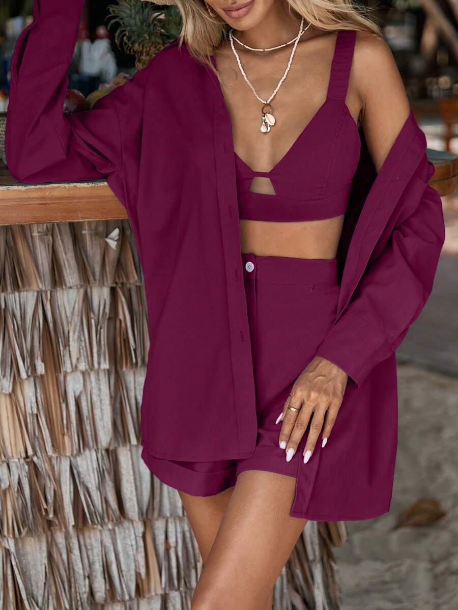 GENKIRA Solid Cami Top & Shorts & Drop Shoulder Coat - Red Violet - View 1