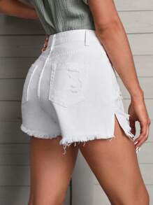 SHEIN 破洞毛邊牛仔短褲 - 白色 - 查看 2