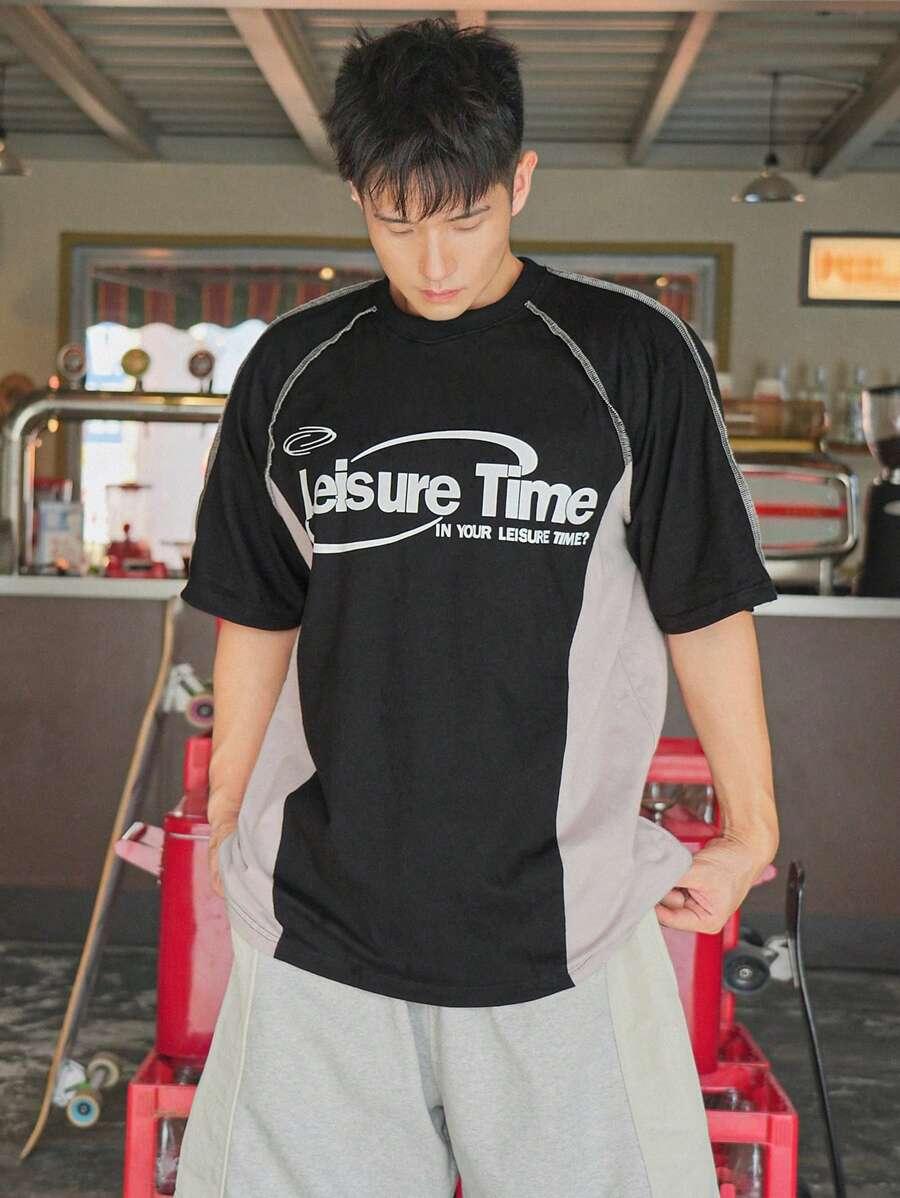 DAZY Men Letter Graphic Topstitching Raglan Sleeve Tee - Black - View 1